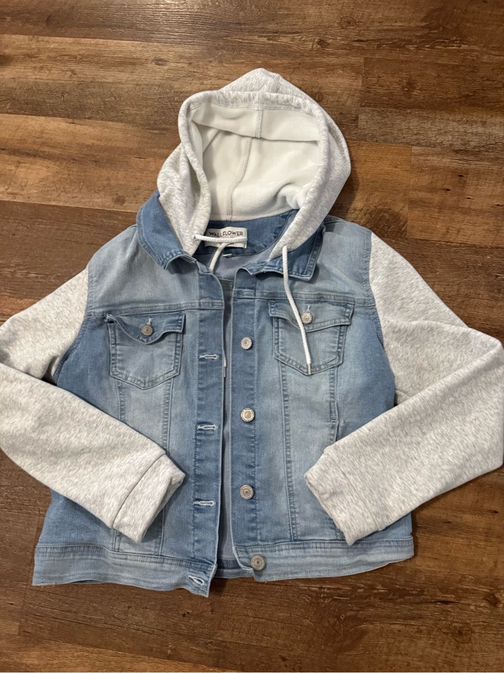 Wallflower Light Wash Denim Jacket with Gray Hoodie Sleeves